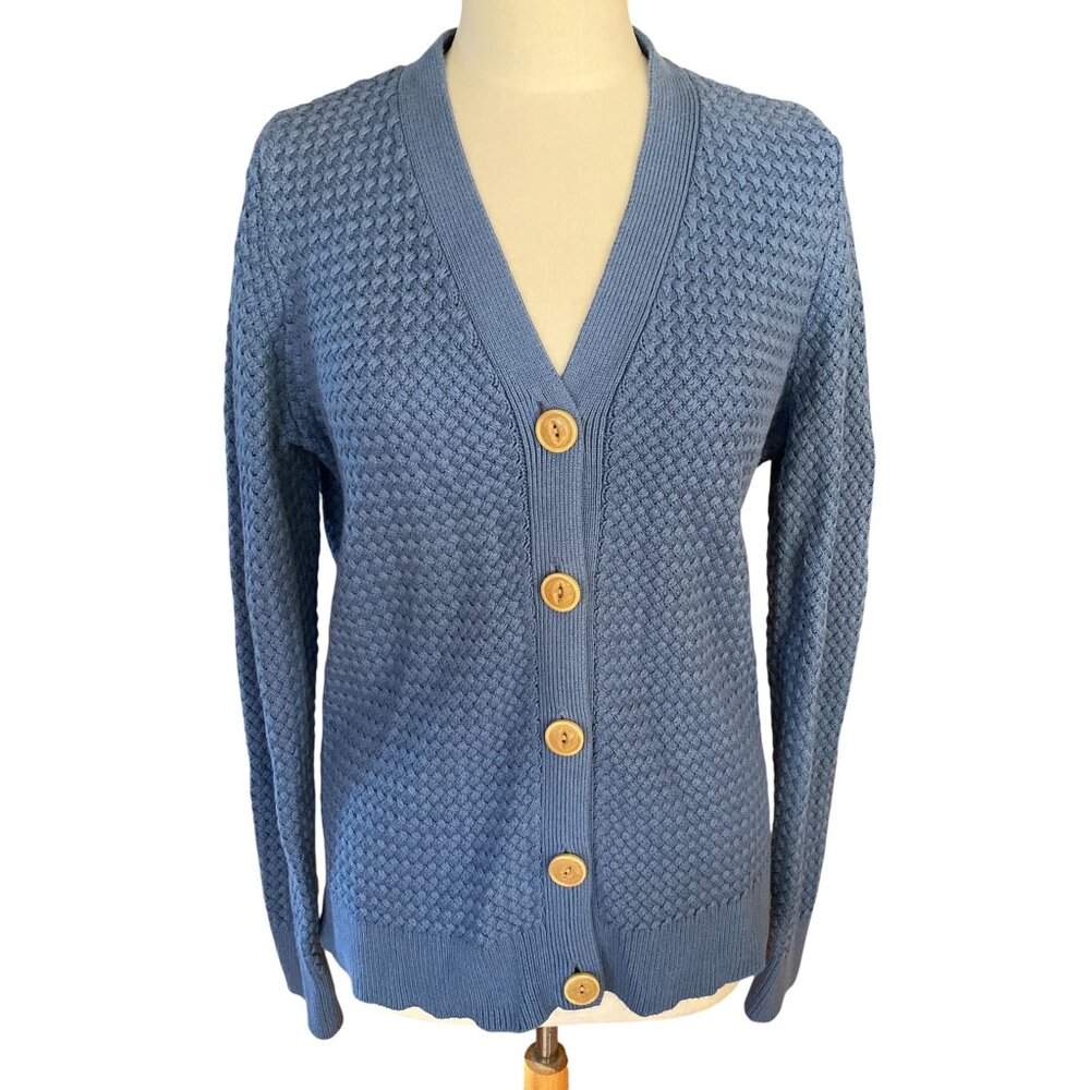 LL Bean Basketweave Button Cardigan Blue Cottage Chunky Old Money Coastal-L